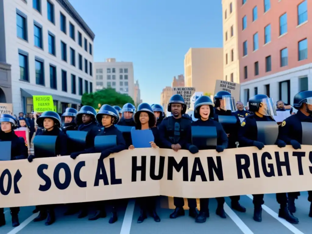 Protesta por los derechos humanos enfrentando censura policial en la ciudad