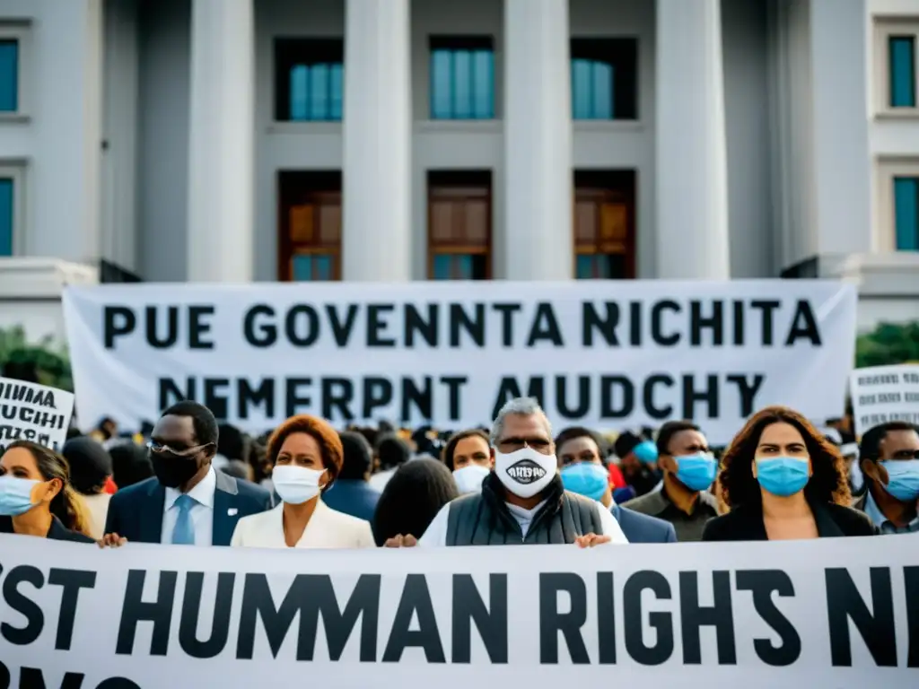 Protesta por derechos humanos frente a edificio gubernamental, enfoques Amnistía Internacional vs Human Rights Watch