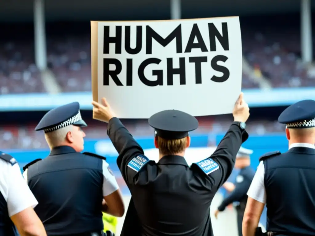 Protesta por los derechos humanos en los Juegos Olímpicos: manifestante con letrero frente a policías en estadio