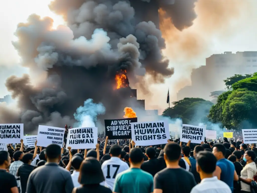 Protesta por los derechos humanos bajo la junta militar de Myanmar: manifestantes con pancartas en una calle llena de humo