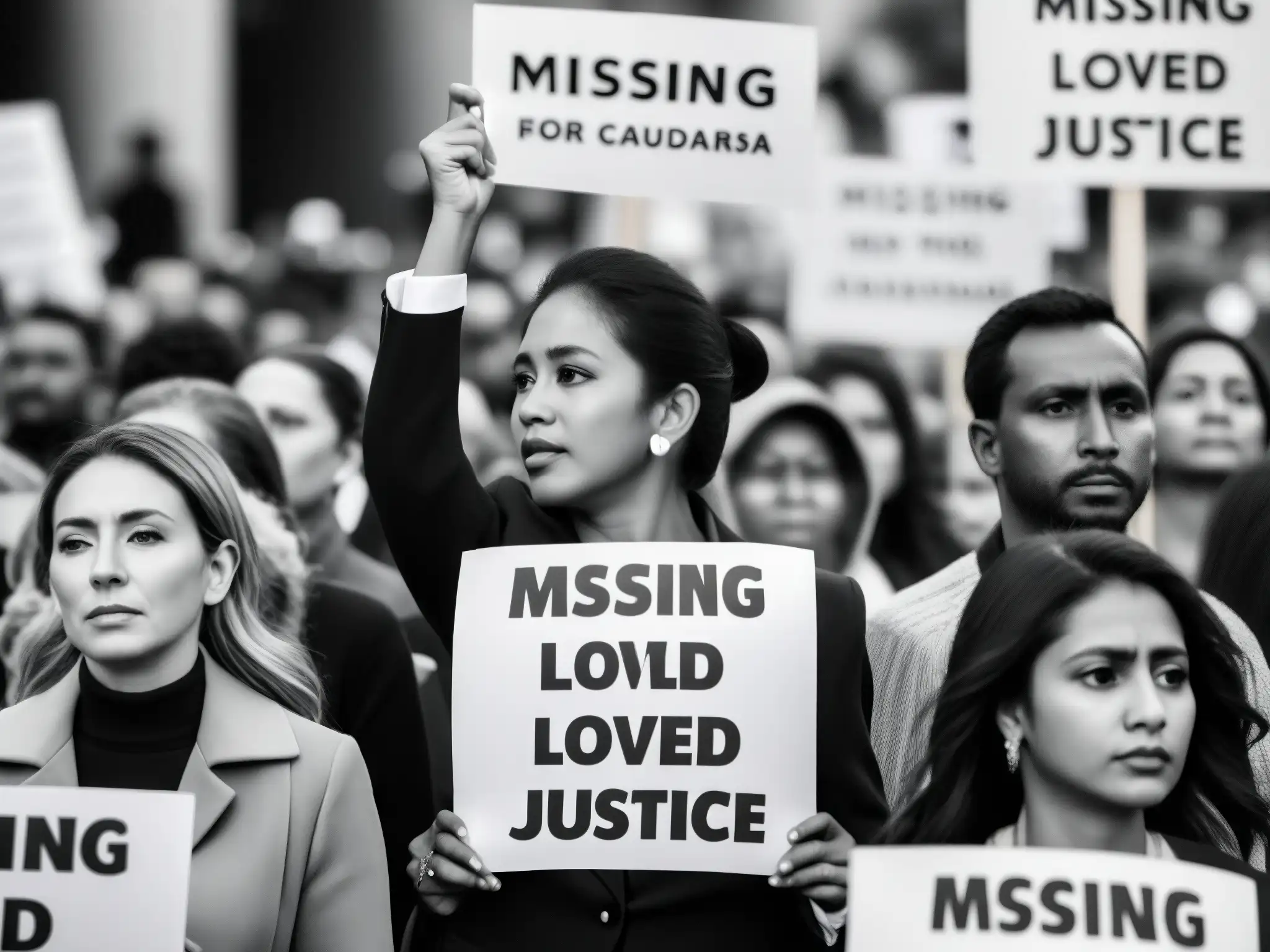 Protesta por desapariciones forzadas: grupo de personas con pancartas exigiendo justicia y derechos humanos para los desaparecidos