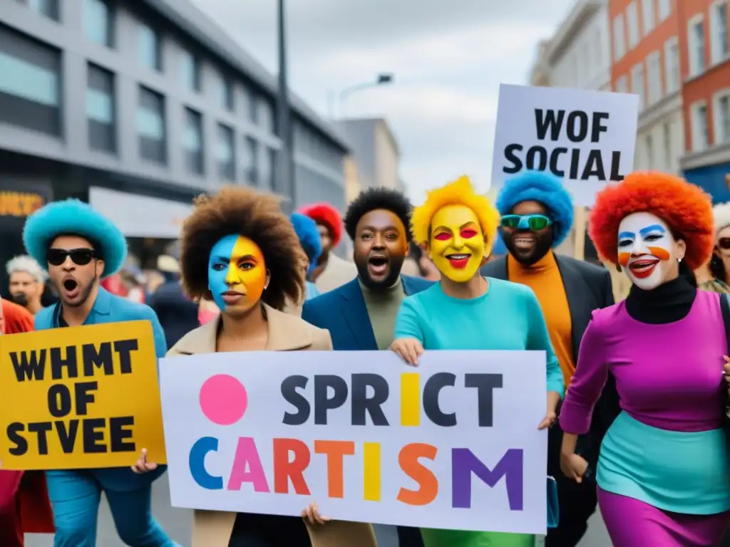 Manifestación de protesta con disfraces y carteles satíricos, mostrando el papel del humor en crítica política