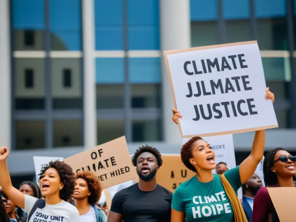 Protesta diversa por la justicia climática frente a un edificio corporativo