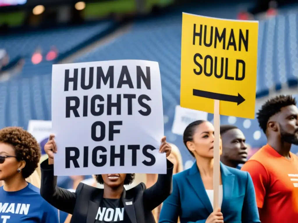 Protesta diversa con letreros impactantes por derechos humanos frente a estadio, capturando la tensión y determinación en eventos deportivos