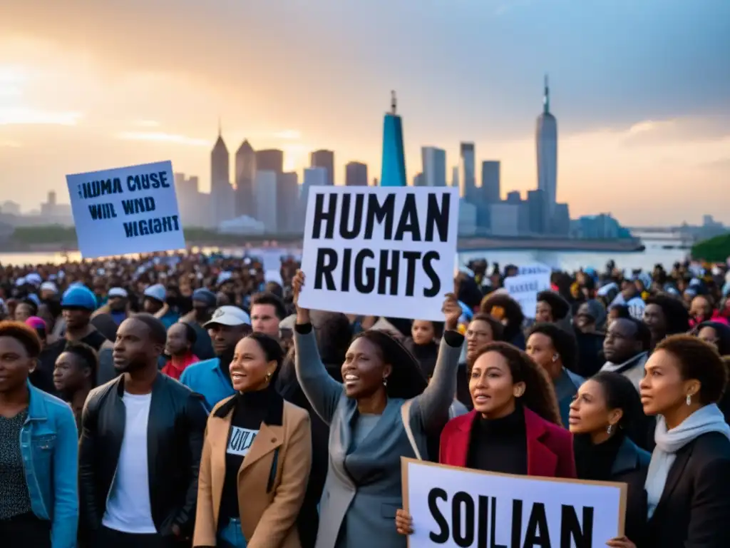 Protesta global por derechos humanos, manifestantes determinados y apasionados unidos en la Acción de la CELAC en derechos humanos