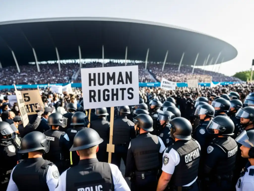 Protesta impactante por derechos humanos en Juegos Olímpicos, con policía y determinación palpable fuera del estadio