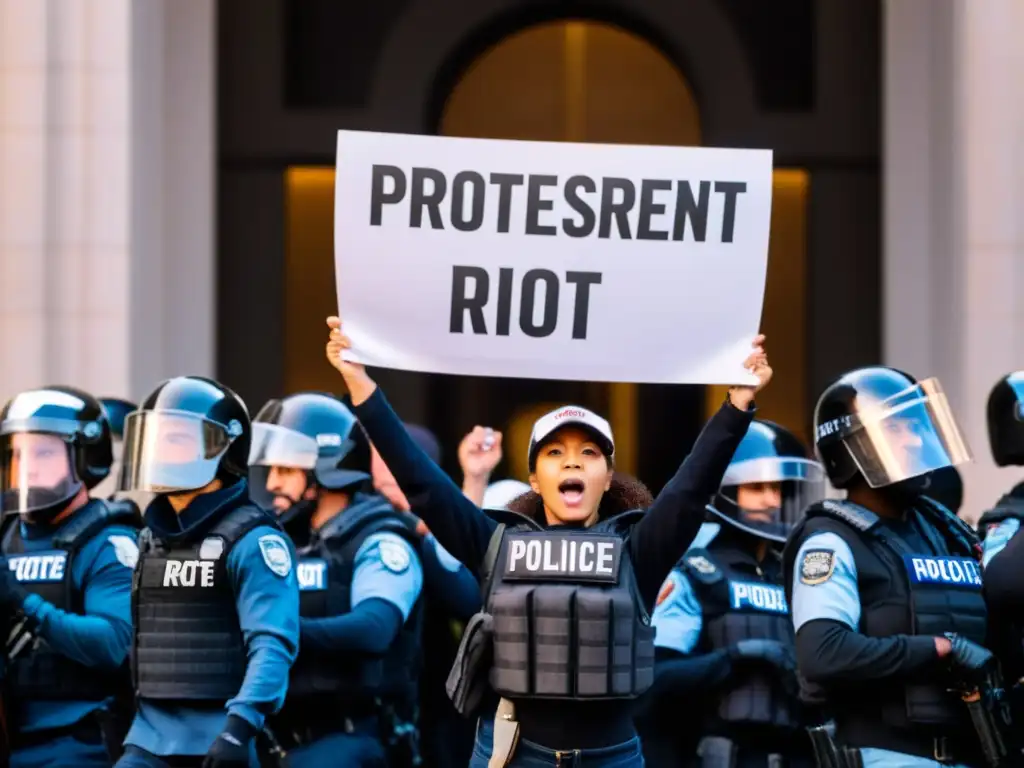 Protesta impactante frente a edificio gubernamental con policía armada