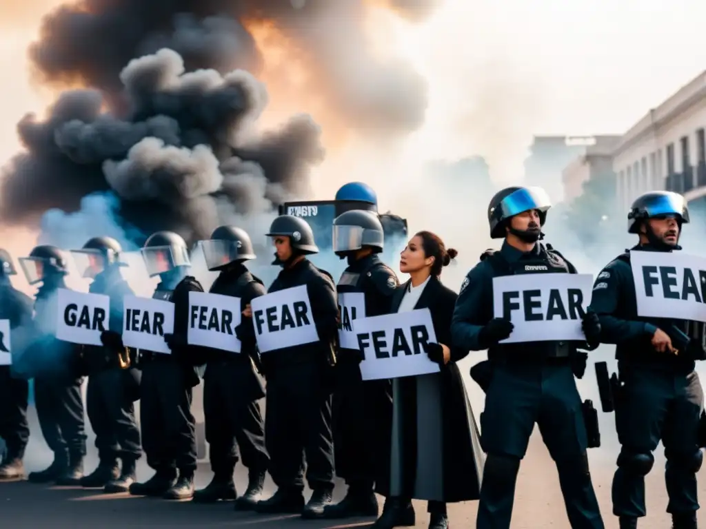 Protesta contra la perpetuación del miedo en regímenes autoritarios, con manifestantes desafiantes frente a la policía antidisturbios