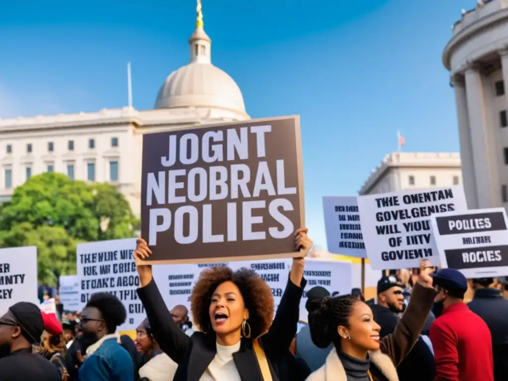 Protesta contra el neoliberalismo impacto derechos humanos globales frente al edificio gubernamental, manifestantes diversos con pancartas en ciudad