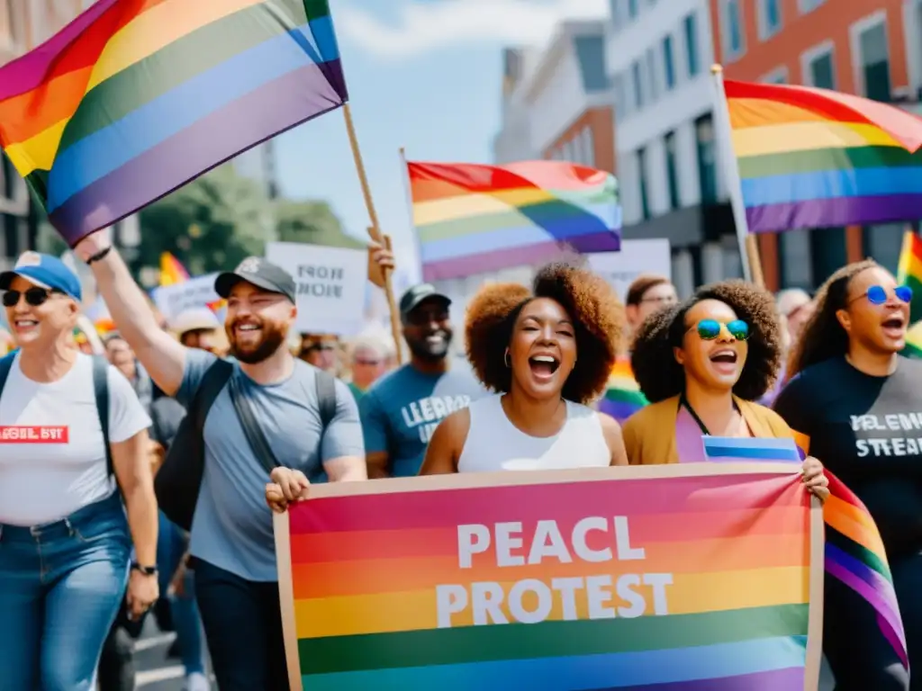 Protesta pacífica de la comunidad LGBTIQ+ frente a la homofobia, unidos y empoderados con mensajes de apoyo y banderas arcoíris