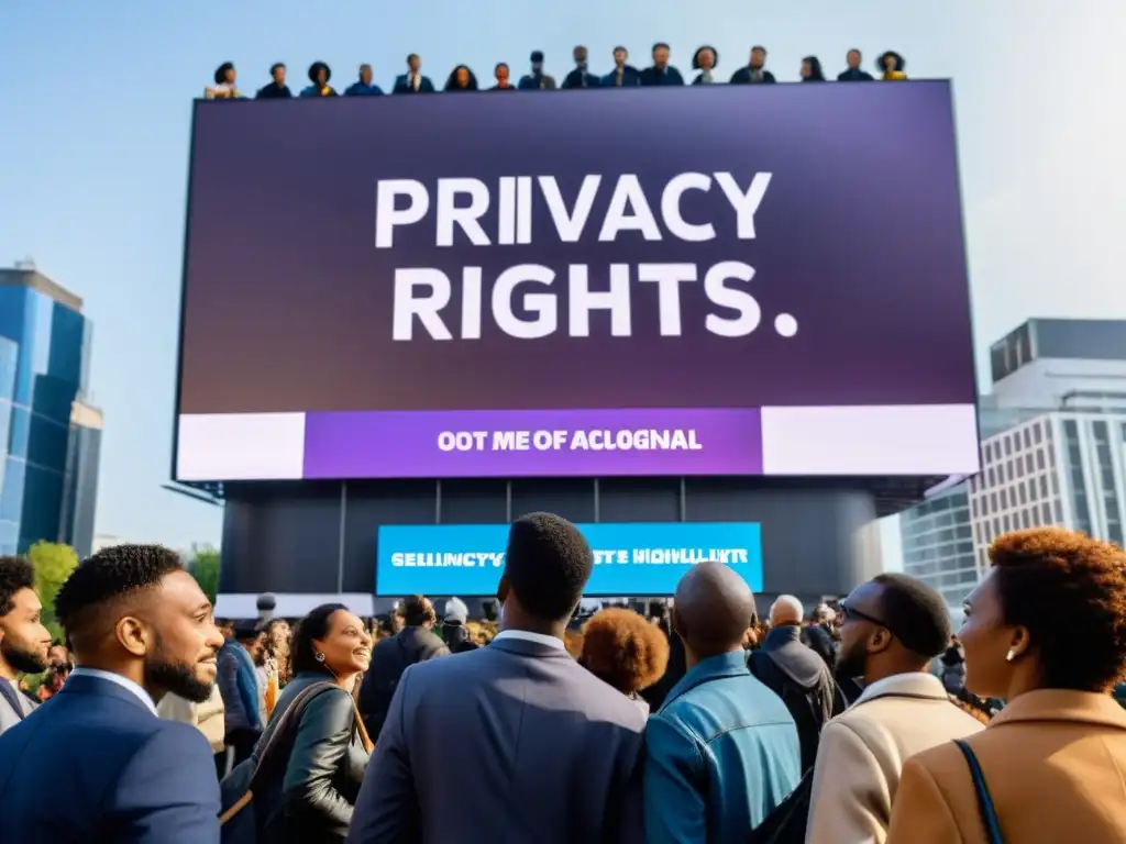 Protesta pacífica por los derechos civiles frente a pantalla digital, destacando el impacto de la tecnología en los derechos civiles