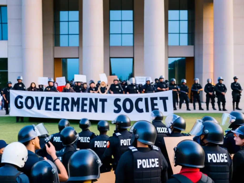 Protesta pacífica frente a edificio gubernamental con presencia policial