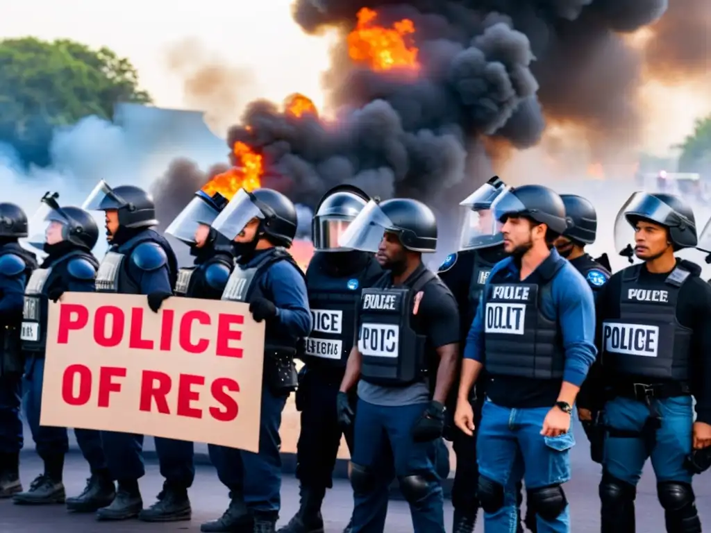 Protesta contra represión política con vigilancia tecnológica, enfrentamiento entre manifestantes y policía en equipo antidisturbios