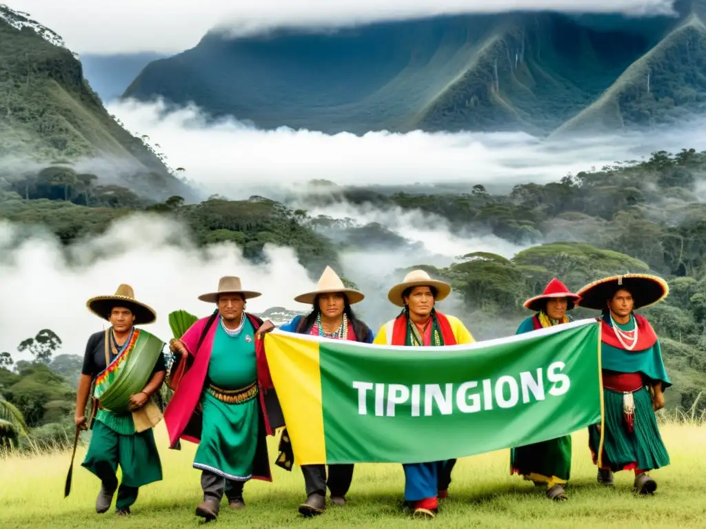 Protesta de pueblo indígena boliviano en TIPNIS por sus derechos humanos, con coloridas pancartas y vestimenta tradicional, en la exuberante selva