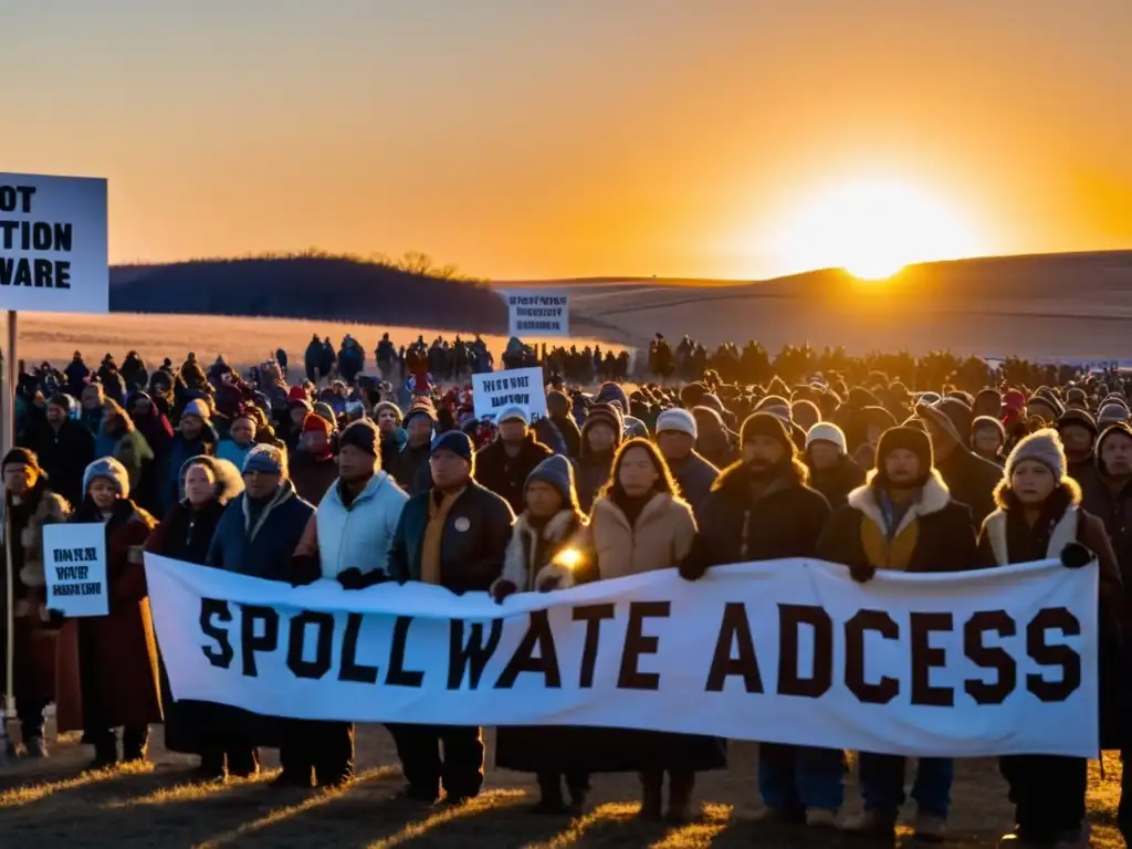 Protesta en Standing Rock al atardecer, luchando contra las consecuencias del oleoducto Dakota Access