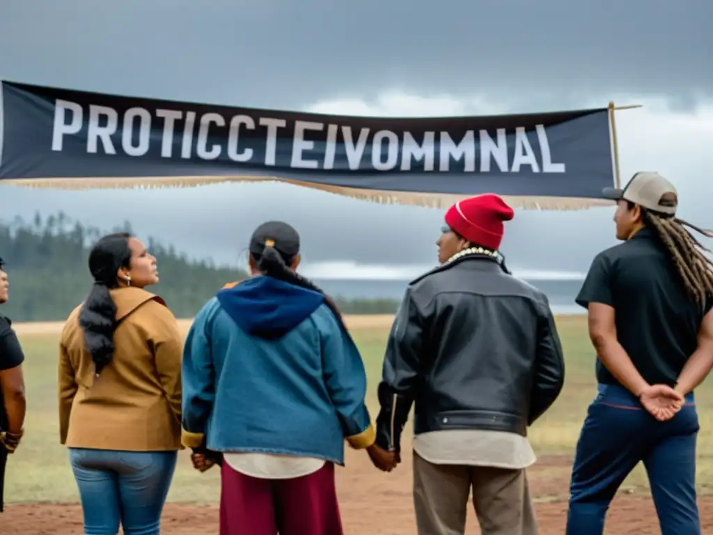 Pueblos originarios activismo global: Activistas indígenas unidos, luchando con determinación por la preservación de su tierra y derechos, rodeados de mensajes poderosos