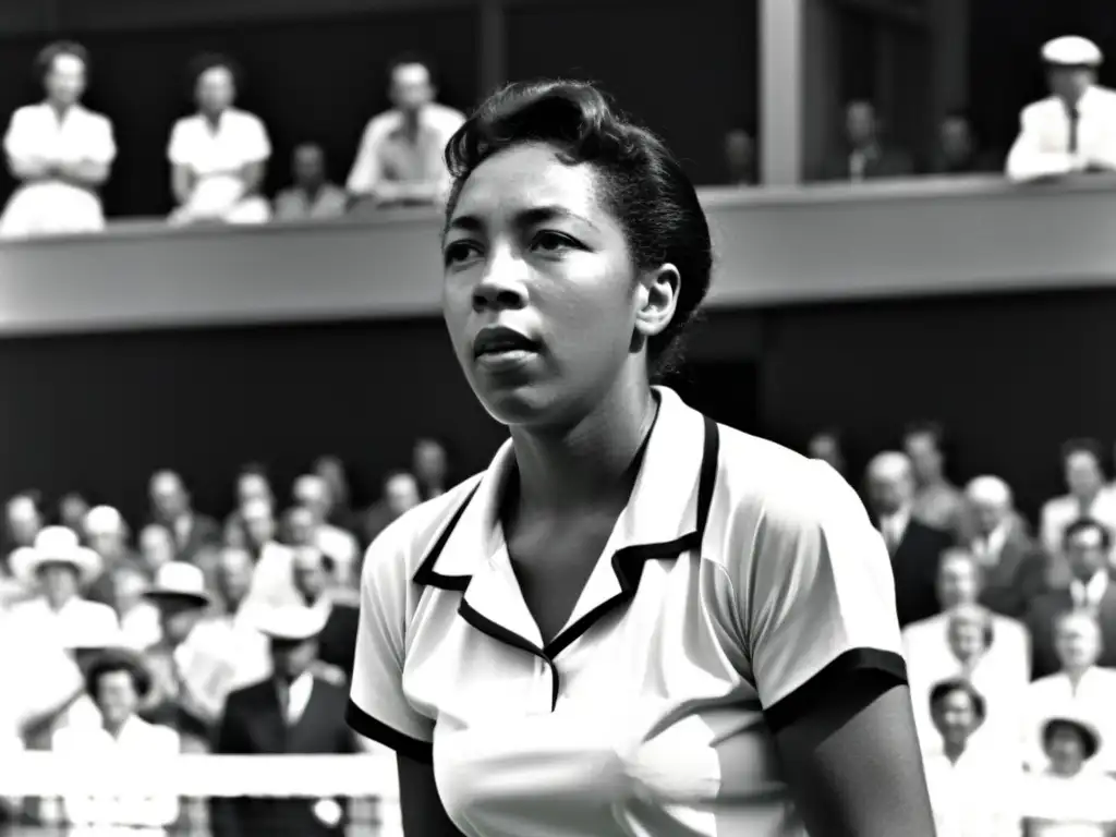 Althea Gibson desafía el racismo y sexismo en el tenis, enfrentando con determinación a su oponente en la cancha