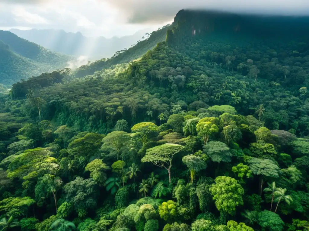 Reconocimiento histórico conocimientos indígenas: vista aérea impresionante de selva exuberante, con follaje verde vibrante y diversa biodiversidad