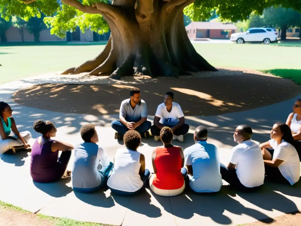 Reconstrucción del tejido social: reunión bajo un árbol, discutiendo en círculo con determinación y empatía