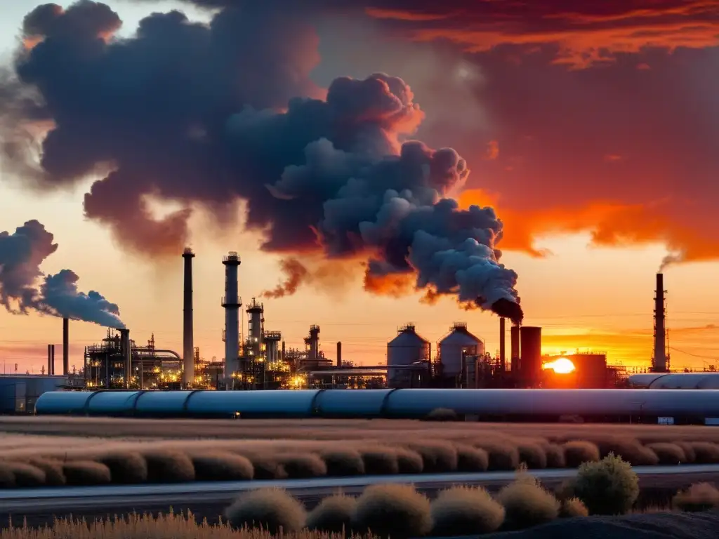 Refinería de petróleo al atardecer, con humo y llamas