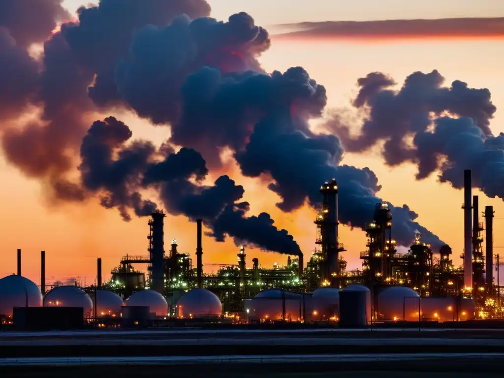 Una refinería de petróleo al atardecer, con llamas brillantes iluminando el paisaje industrial