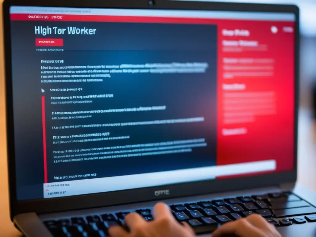 Reflejo borroso de trabajador preocupado en pantalla de computadora con políticas de privacidad resaltadas en rojo