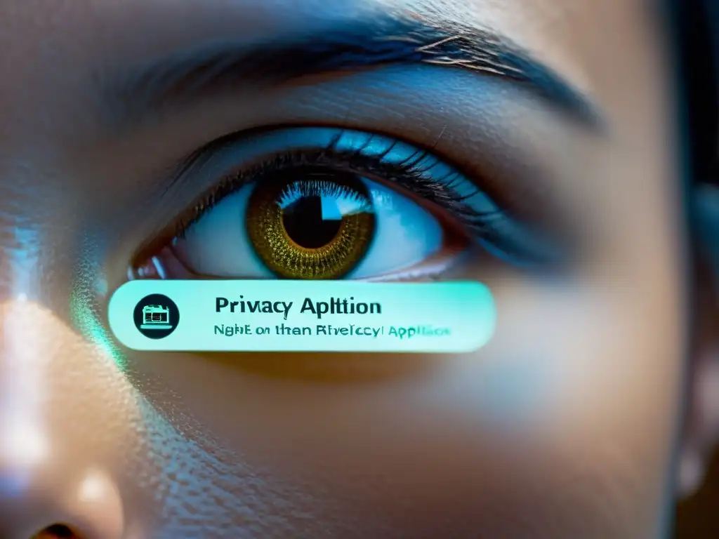 Reflejo de la política de privacidad de una app en los ojos de una persona, transmitiendo la complejidad de los derechos humanos en la era digital