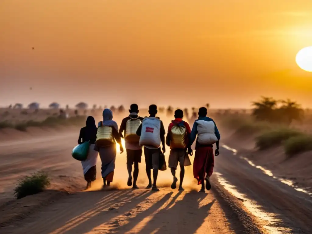 Refugiados huyen acuerdos paz: Grupo camina hacia el horizonte al atardecer, con determinación y esperanza en sus rostros