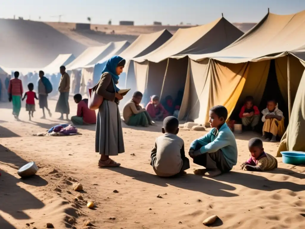 Refugiados afectados por el impacto de las guerras en la pobreza, viven en precarias condiciones en un campamento improvisado