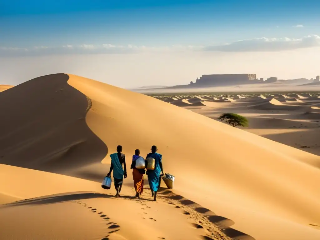 Refugiados africanos en peligrosas rutas desérticas, reflejando su dura realidad bajo el sol abrasador