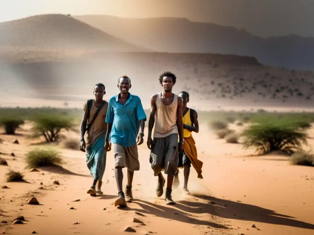 Refugiados africanos en rutas peligrosas enfrentando la dura realidad del desierto, expresando determinación y esperanza