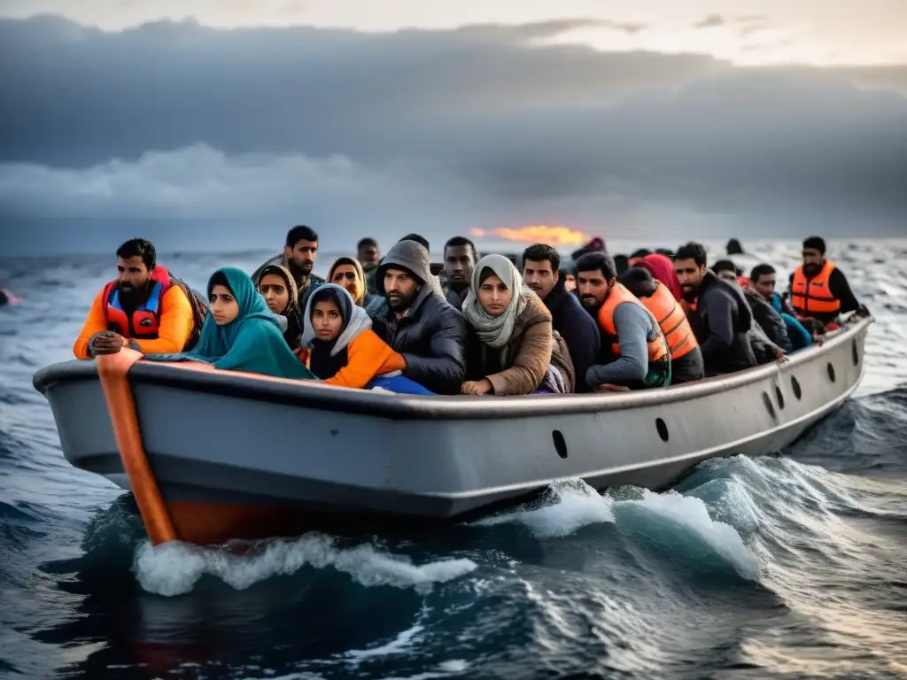 Refugiados aglomerados en bote en mar tumultuoso, reflejando miedo, esperanza y agotamiento