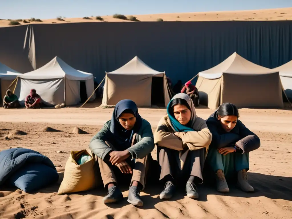 Refugiados agobiados bajo un refugio improvisado