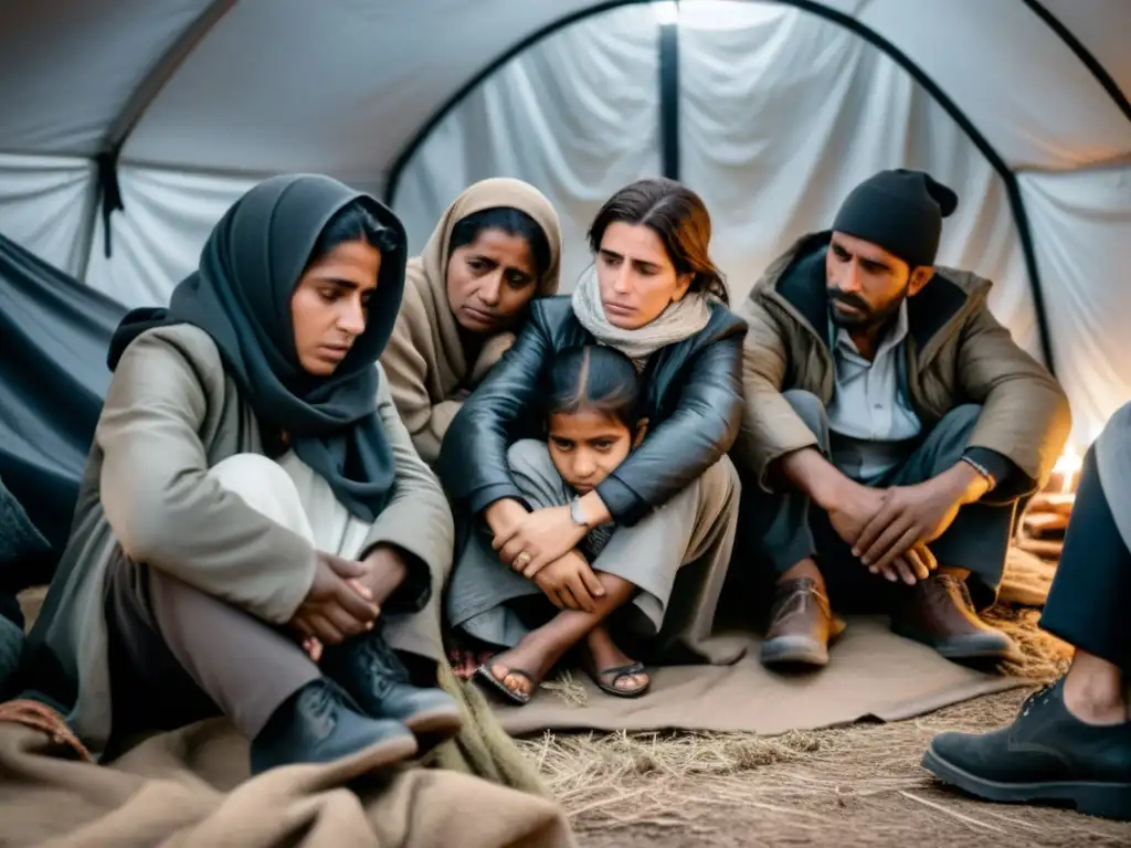 Refugiados agotados y preocupados se agrupan en un refugio improvisado, mostrando el impacto de la guerra en libertades civiles