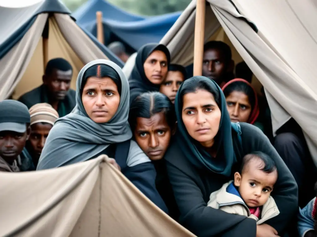 Refugiados agotados se resguardan bajo refugios improvisados en un caótico campamento, mostrando el impacto humano de conflictos olvidados