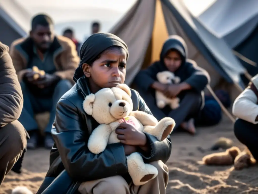 Refugiados agotados y solidarios se reúnen en un campamento improvisado, mostrando el impacto psicológico de los conflictos