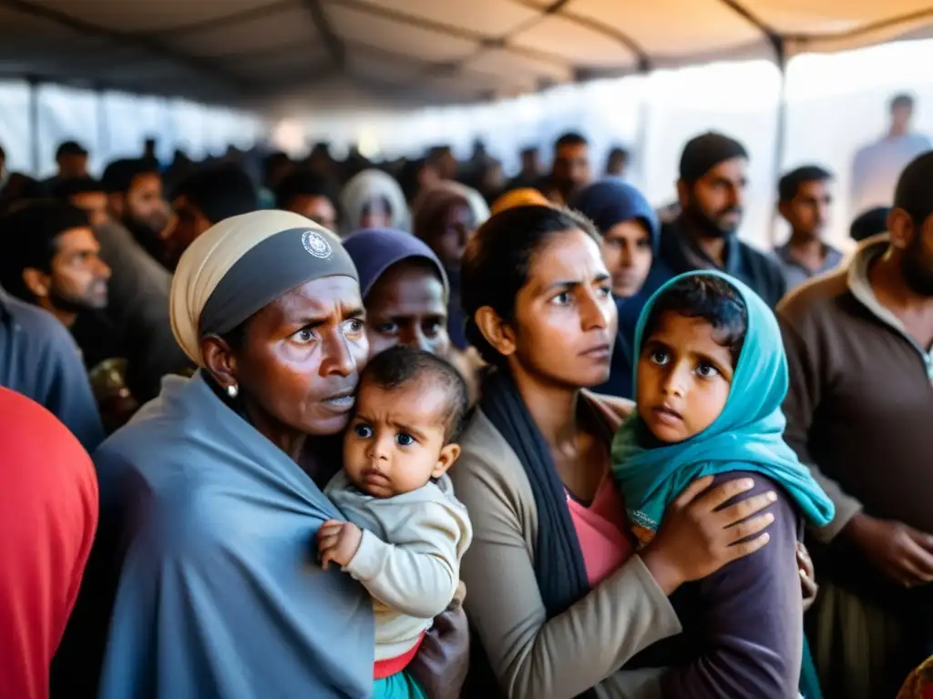 Refugiados en albergue temporal con expresiones cansadas y preocupadas