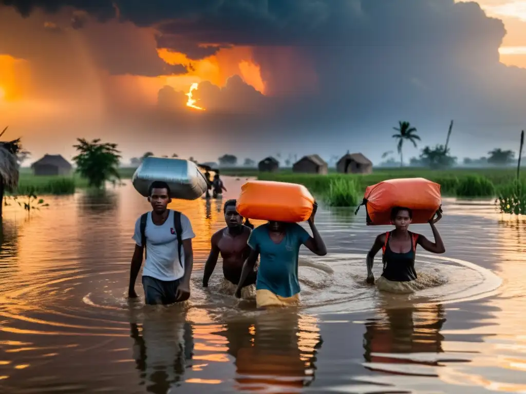 Refugiados ambientales luchan entre aguas por derechos humanos, con aldea sumergida y atardecer en el horizonte