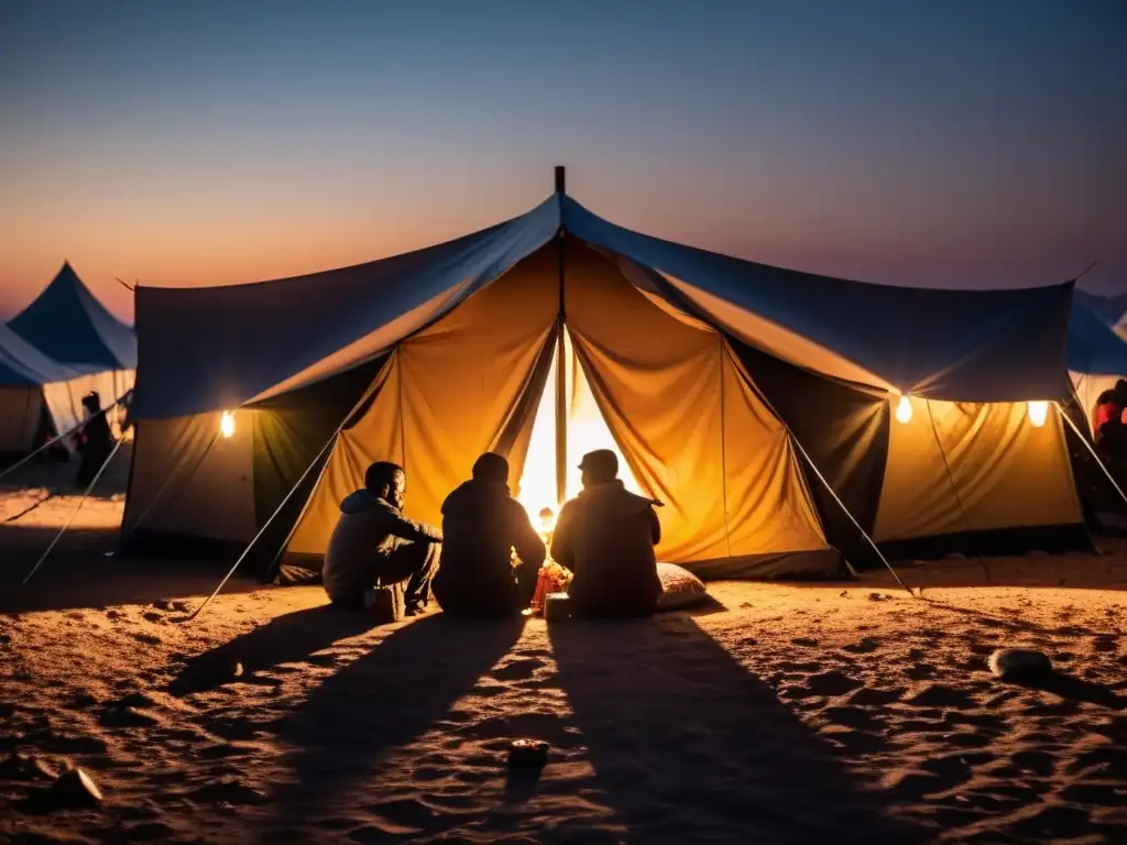 Refugiados buscan apoyo en tenso campamento, iluminados por vela titilante