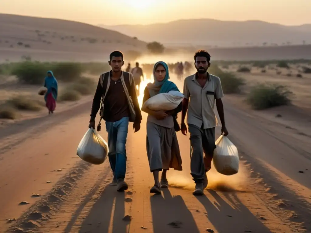 Refugiados en ardua travesía al atardecer, llevando sus pertenencias