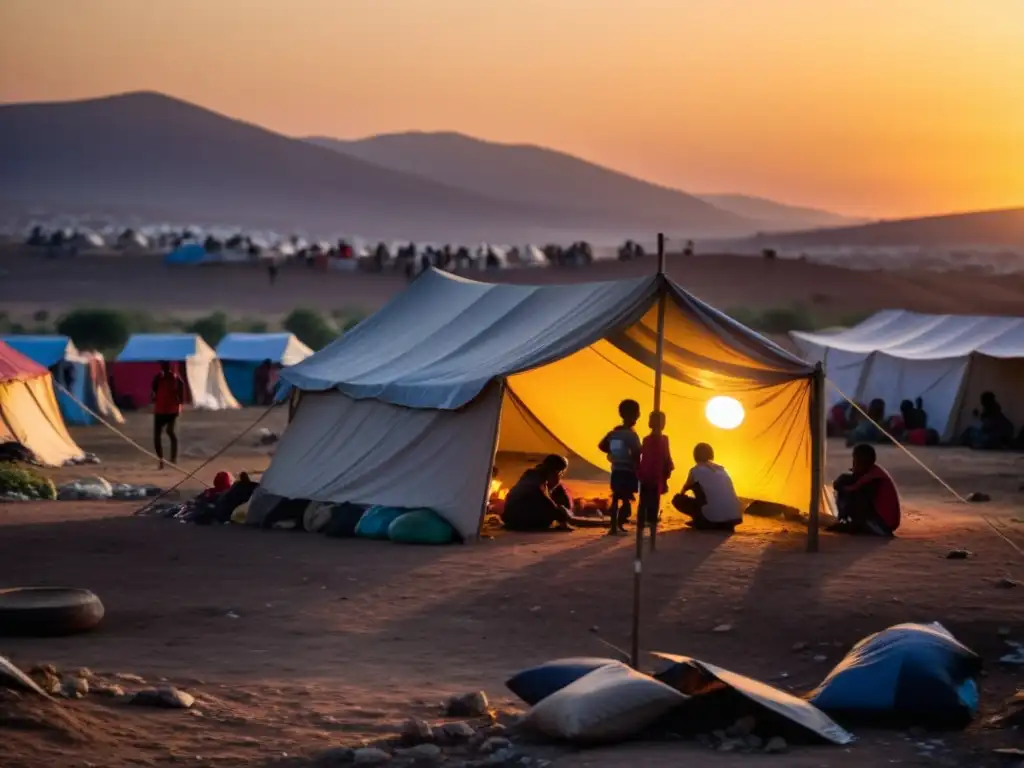 Refugiados se reúnen en un asentamiento provisional, entre esperanza y incertidumbre, con niños jugando y un atardecer cálido