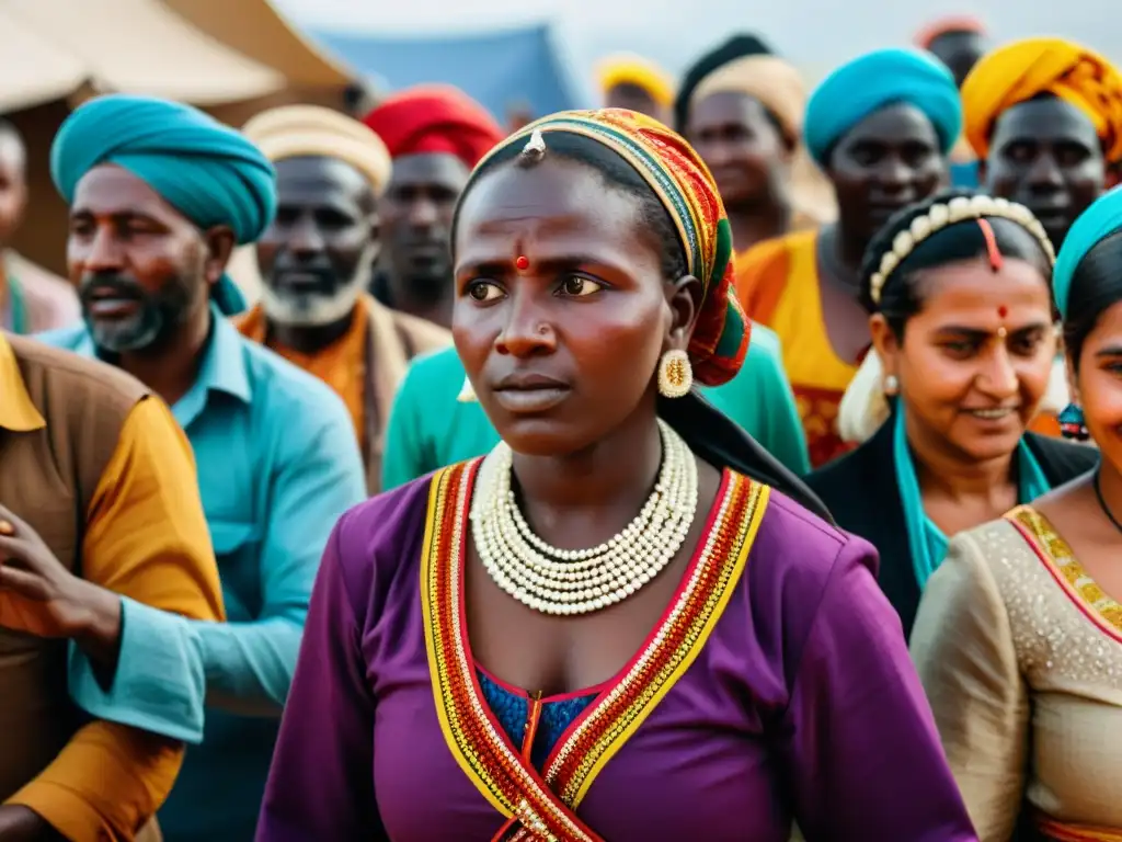 Refugiados en asentamiento temporal expresando su cultura con danza y música, reflejando resiliencia