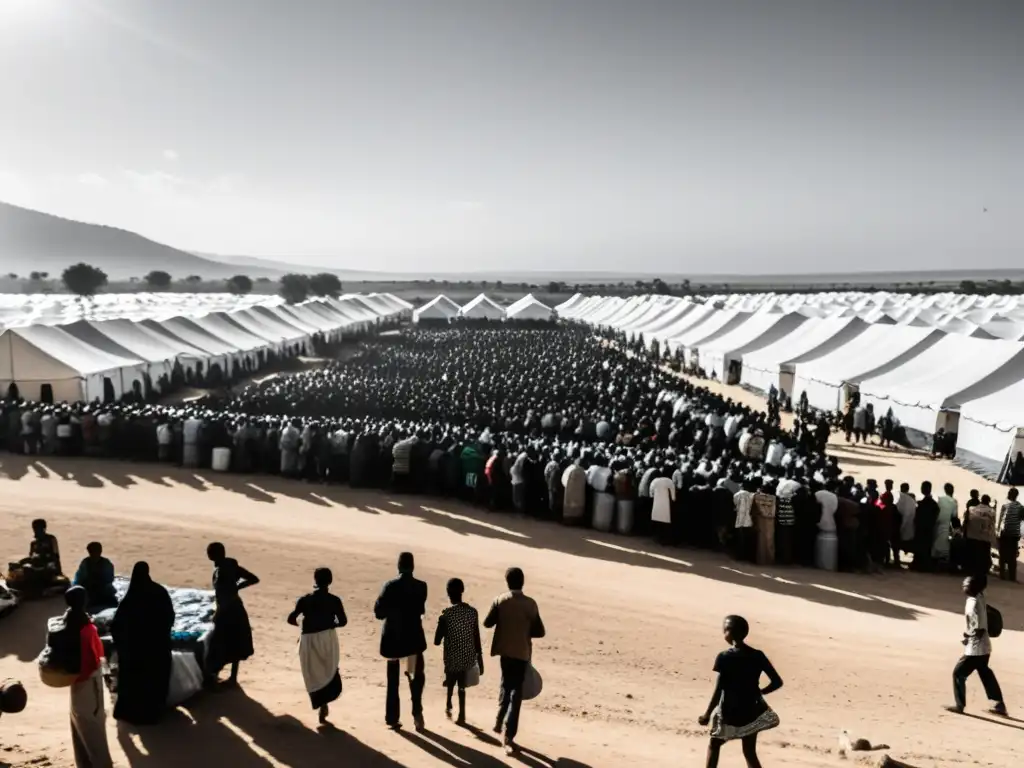 Refugiados reciben asistencia humanitaria en desplazamiento forzado en un campamento abarrotado de tiendas improvisadas