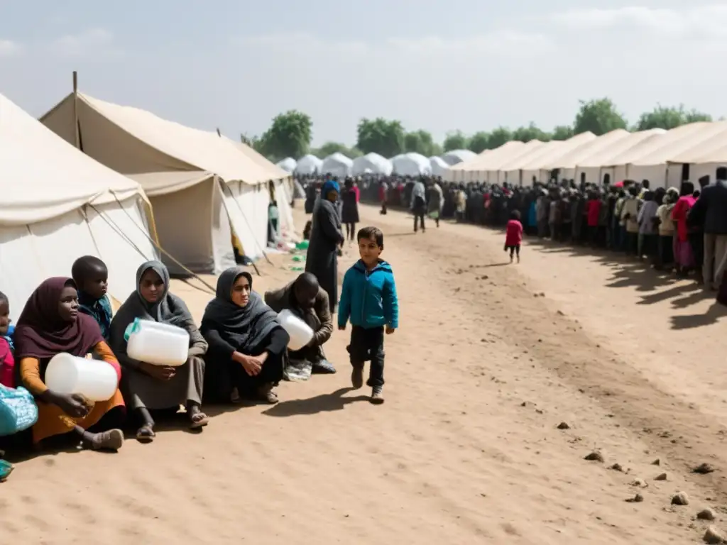 Refugiados esperando ayuda en un campamento, con un niño mirando con esperanza y desesperación