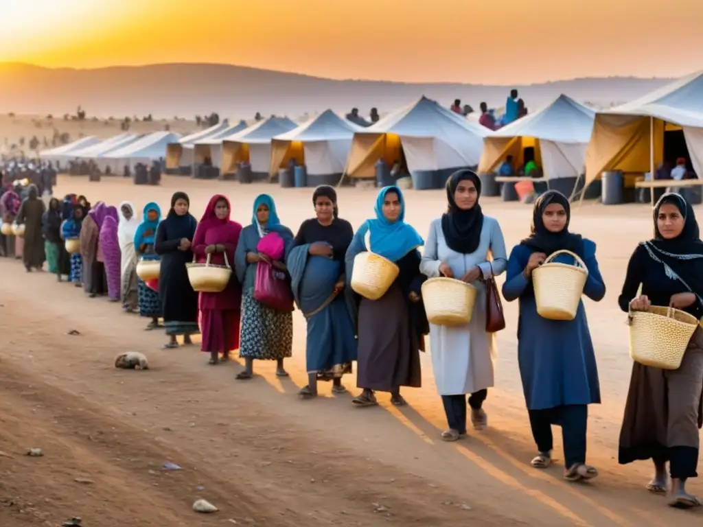 Refugiados esperando ayuda humanitaria al atardecer en un campamento, reflejando el impacto de sanciones económicas en los derechos humanos