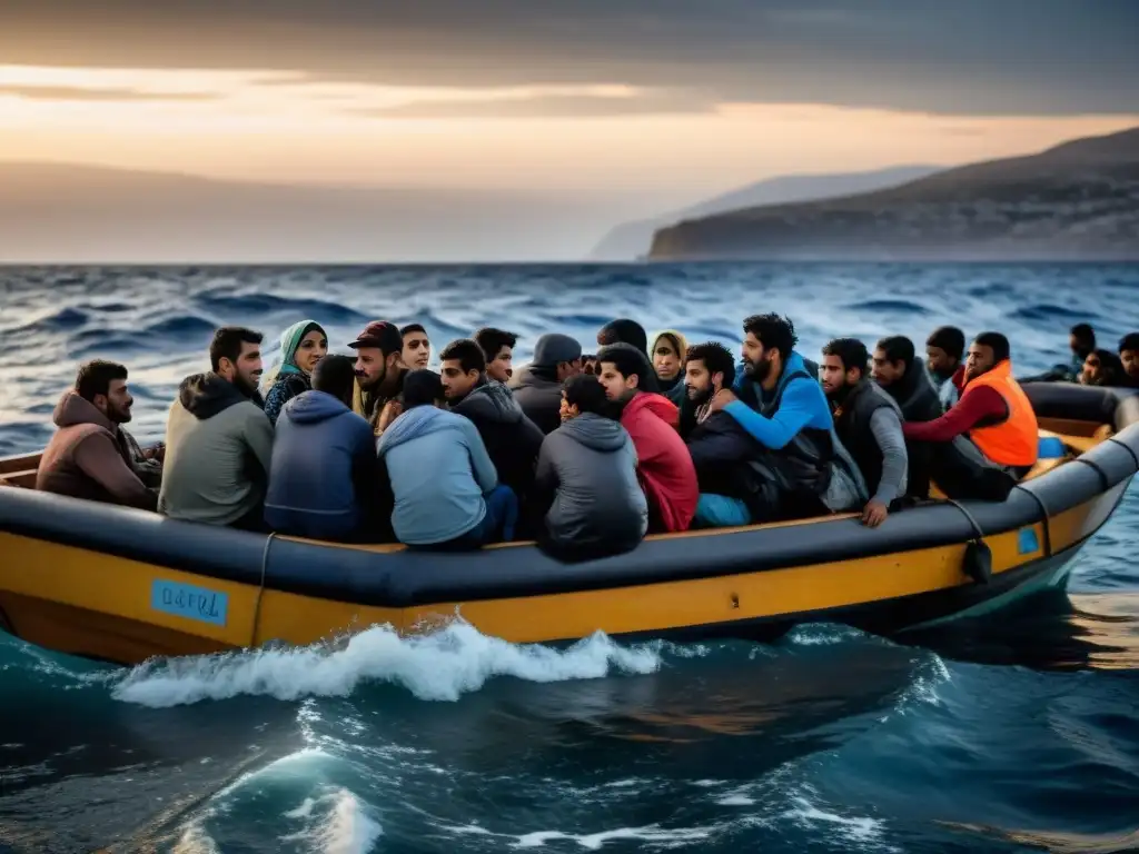 Refugiados luchando en bote en el mar Mediterráneo, transmitiendo historias de desesperación y esperanza en la travesía mediterránea