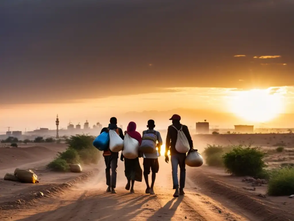 Refugiados en busca de libertad y seguridad, con un paisaje de guerra al fondo