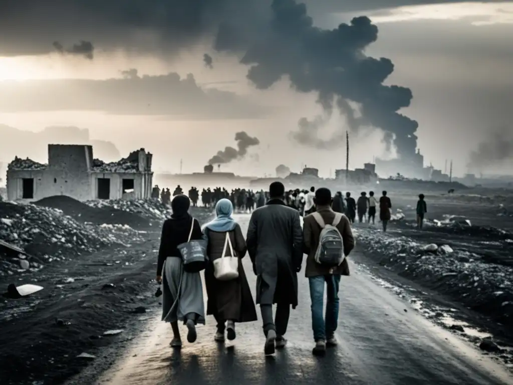 Refugiados marchan en un camino desolado, con ruinas y cielo gris de fondo