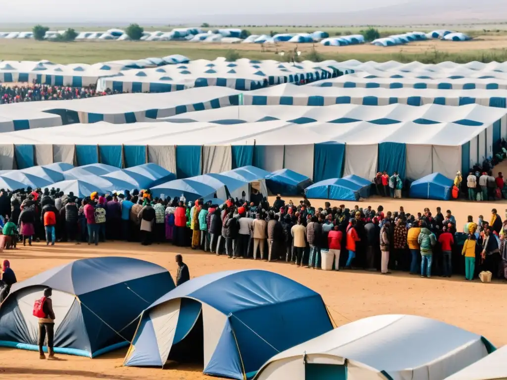 Refugiados esperando en un campamento abarrotado, con expresiones de cansancio y esperanza