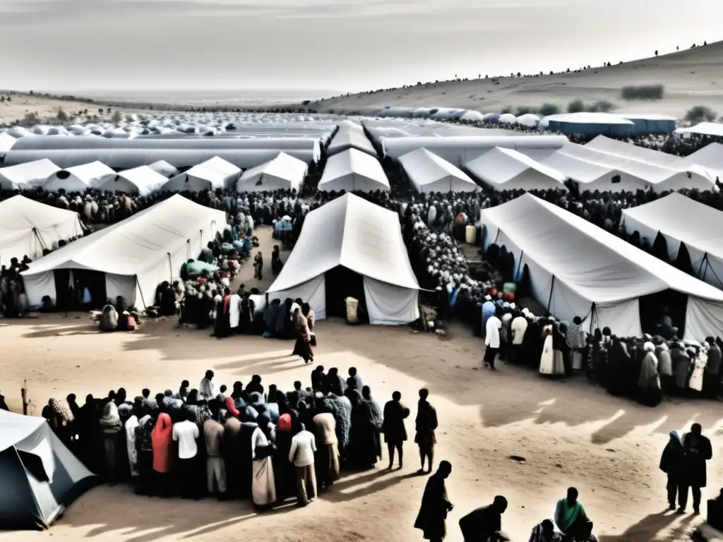 Refugiados en un campamento abarrotado con salvaguardas humanitarias en conflictos armados